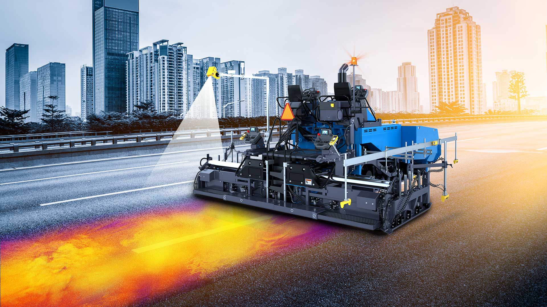 Blue asphlat paver equipped with Pave-IR system with thermal reading projected on asphalt surface.