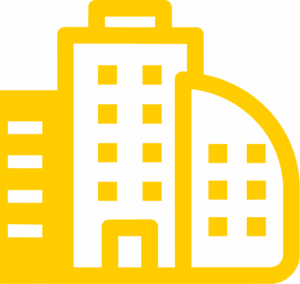 Stylized yellow icon of a cluster of buildings, representing an office complex or cityscape